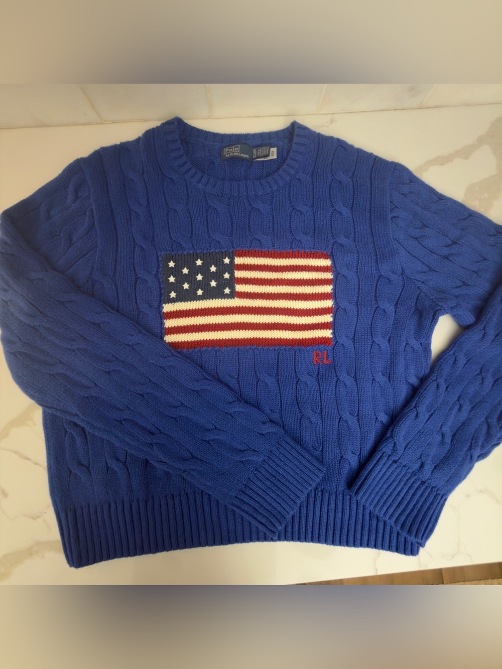 Polo Ralph Lauren Flag Cable-Knit Cotton Cropped Sweater